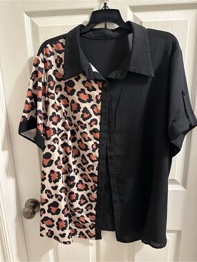 Black & Leopard Print Short-Sleeve Button Shirt